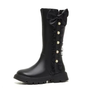Custom Design Kids Boots Girl Long Zipper Boots Western Bowknot Beaded Girl's Chunky Heel Black White Dress Knee High Boot