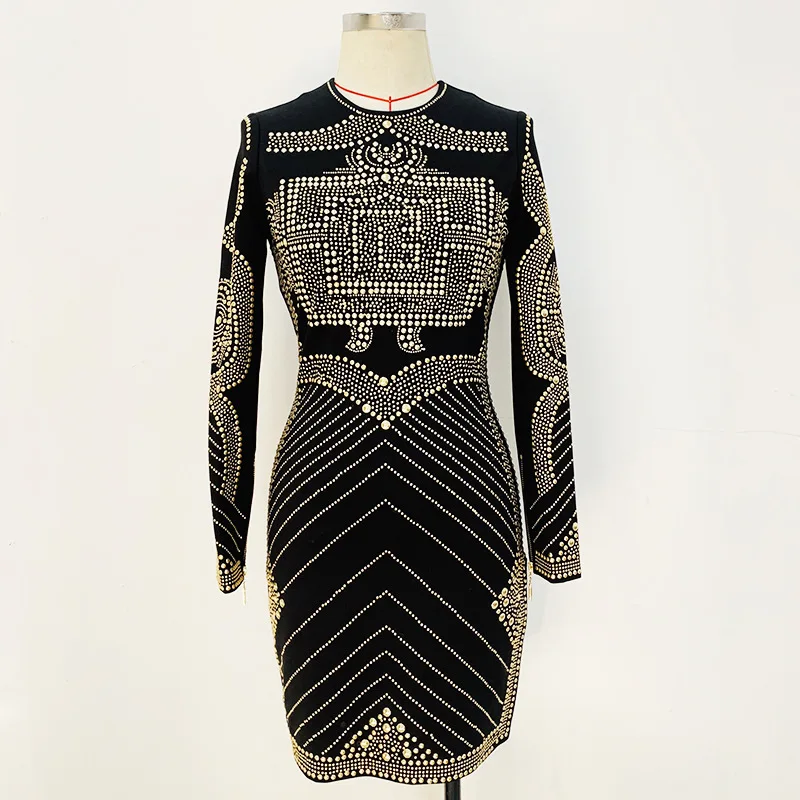 2023 Spring Autumn Quality Rivet Beading Long Sleeve Round Neckline Women Casual White Mini Dress