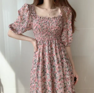Square Collar Dress Puff Sleeve Women's Dresses Floral Printed Midi Dress
