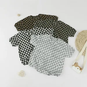 Checkered Print Baby Short Sleeve Romper Kids Clothing Jumpsuit Oversize Oneise with Front Pocket