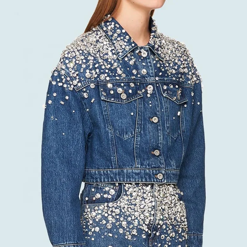 Customizable Beaded Crystal Gems Cotton Denim Jean Jacket Chaqueta De Mujer Women Clothing Sets