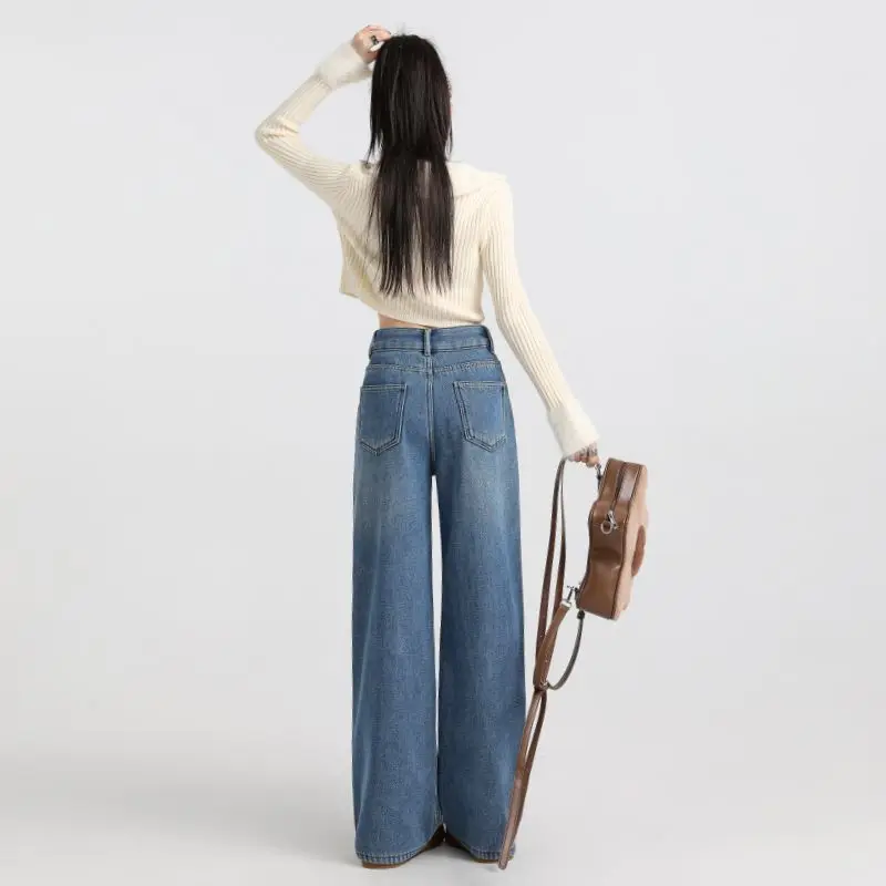 High Waist Wide Leg Denim Jeans Women's Autumn Winter New Style Fleece-lined Thickened Loose Slimming Quick Dry Vintage