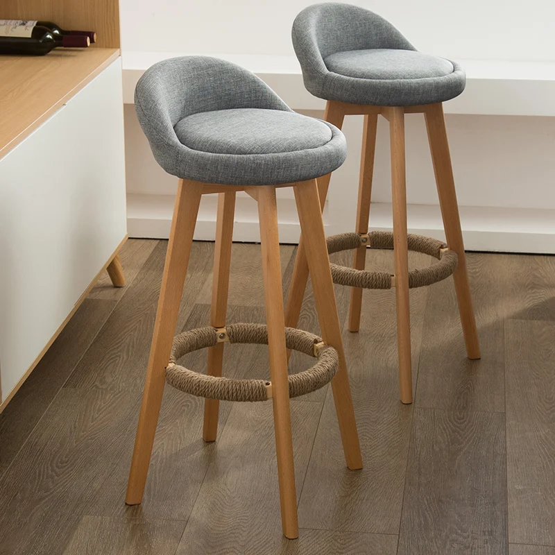 Nordic Rustic Classic Low Back Kitchen Counter Stools Kitchen Chair Rubber Wood Bar Chair Wooden Swivel Bar Stool With Footrest