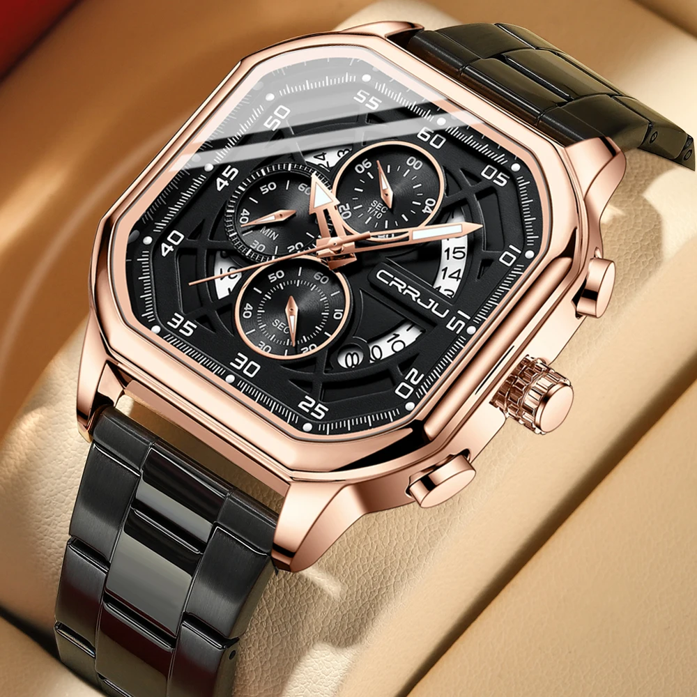 CRRJU Factory 2314  Customized logo Quartz Watch for Men  Chronograph Alloy case  Square Wristwatch Waterproof Watch