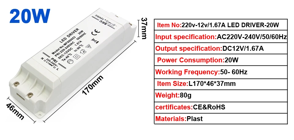 High Quality 20W LED Bulb Driver AC230 to DC24V Covert Constant Voltage for LED Strip and Panel Light 12V/24V Output