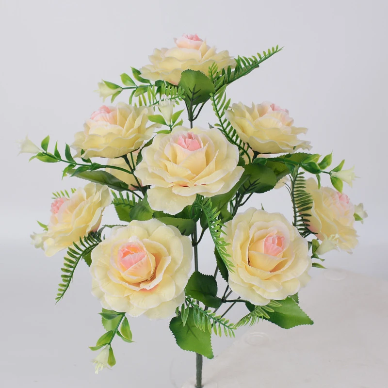 Yiwu Factory 10 Heads Roses Bushes Silk Artificial Rose Bouquet For