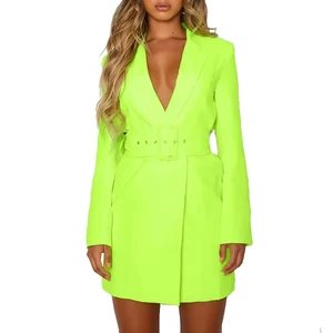 Neon Green Ladies Long Sleeve Belted Waist Casual Daily Mini Dress Women Office Dresses