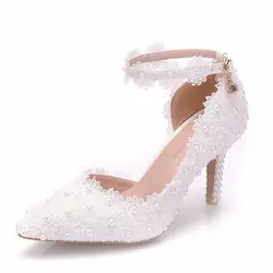 2021 New Arrival 8CM White Ladies Wedding Shoes Lace Pointed Side Hollow Ankle Belt Buckle Bridal Shoes