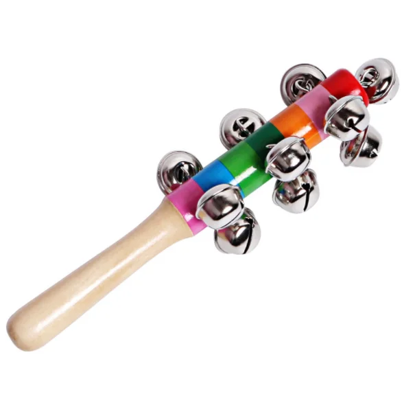 Wooden Jingle Handbells,Rainbow Handle Stick Shaker Rattle Baby shan 