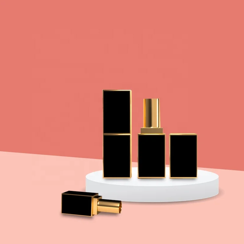 Private Label Luxury Cosmetics Packaging Click Closure Lipstick Tubes Square Black and Gold Gold Lip Balm Tube