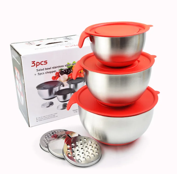 Multifunctional Mixing Bowl with Lid Planer with Handle Bowl Egg Beater 304 Stainless Steel Salad Bowl Set
