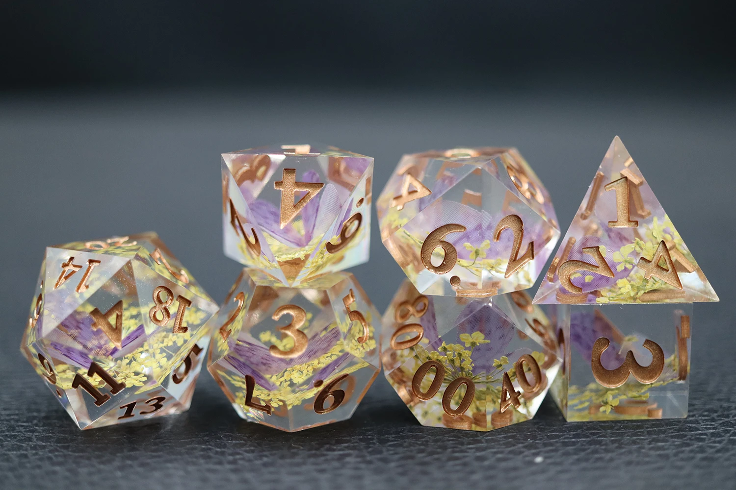 Hot Selling Custom D20 Dnd Dice Set 7pcs Transparent Liquid Core with Logo Resin Material Yellow Flower Design supplier