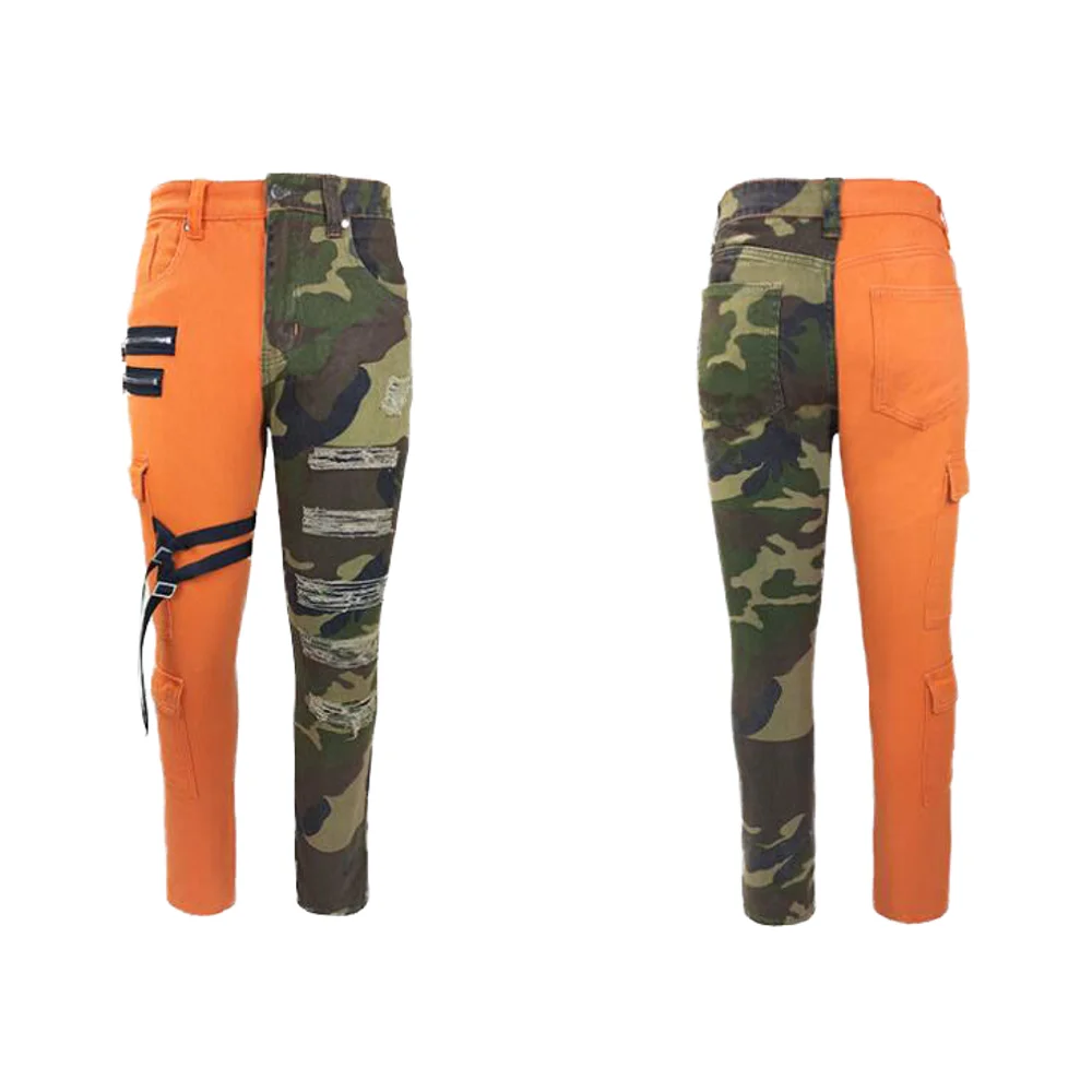 QC-067 Hot Selling Hip Hop Fashion Men's Straight Jeans 100% Cotton Mid Waist Camouflage Patchwork Ribbons Ripped Cargo