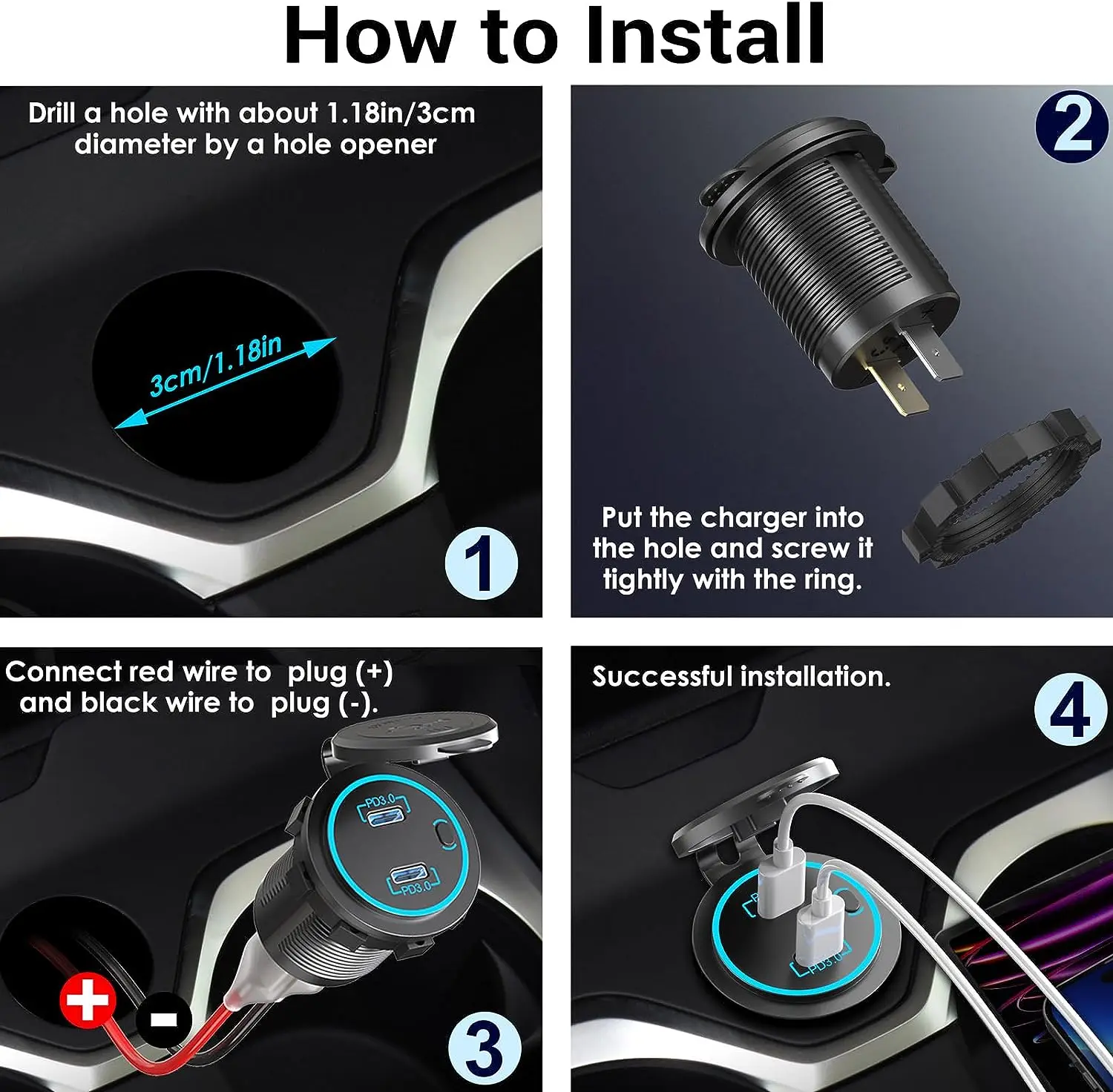 Car Charger Ctype Dual Pd 12v / 24v Led Lights Dual Usb Socket With