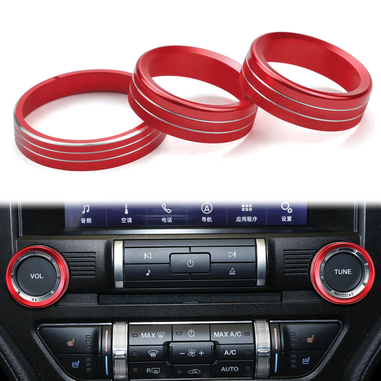 Interior Accessories for Ford Mustang 2015-2021 3PCS Red Aluminum Headlight and Volume Tune Knob Cover Ring Trim 