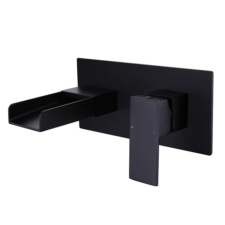 Matt black wall taps bathroom sinks waterfall basin faucet square 2 holes america faucet