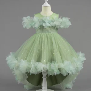 Trailing Formal Embroidered Ball Gown Princess Dress for Girls with 3D Flowers and Sequins Layering Birthday Celebration