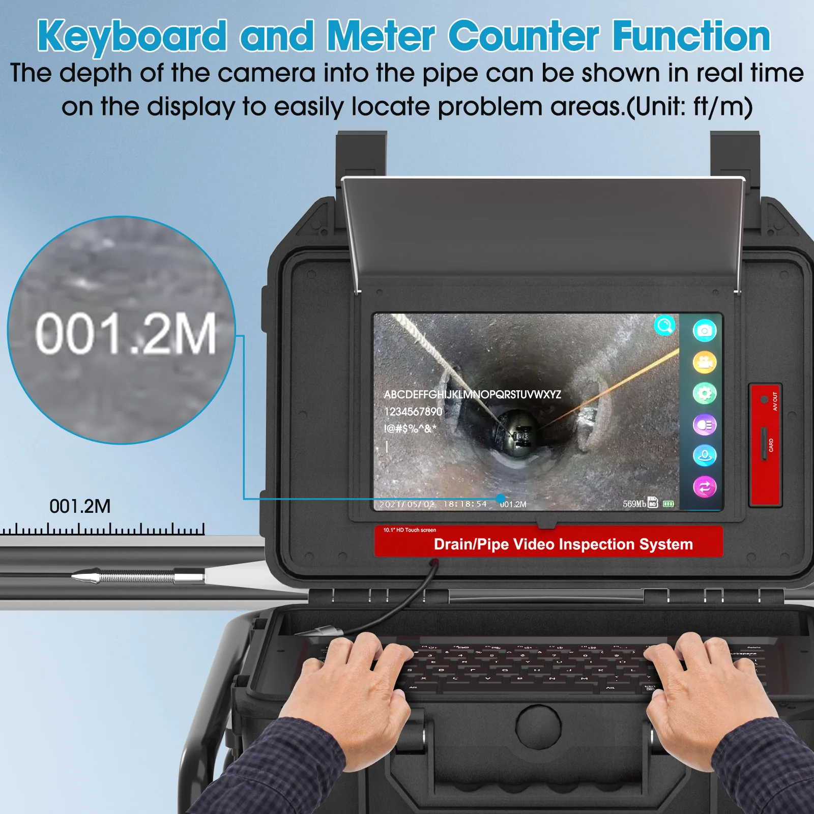 10.1Inch Touch Monitor 512HZ Transmitter  Sewer Drain Endoscope 16GB  Meter Counter Video Pipe Inspection Camera manufacture