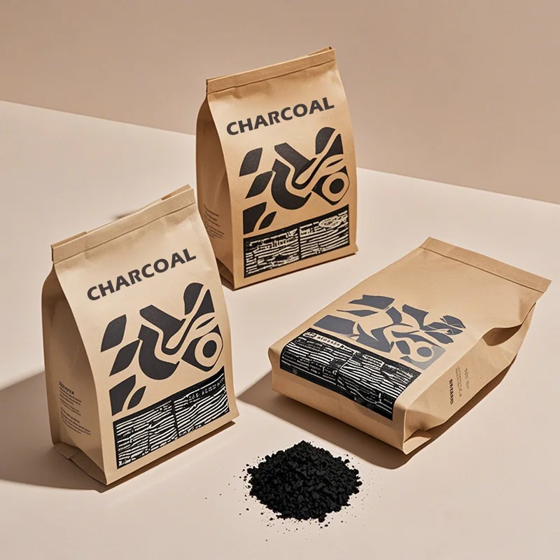 Custom Printed 5kg 10kg Digital Printing Packaging Flat Bottom Bag Charcoal Bag 15kg 3kg Kraft Paper Charcoal Bag