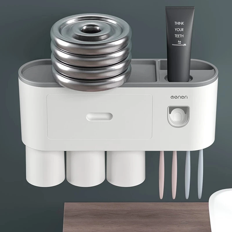 Automatic Tooth Paste Toothpaste Dispenser with Tooth Brush Toothbrush Holder and Auto Pump Rolling Squeezer Kit Set Wall Mount