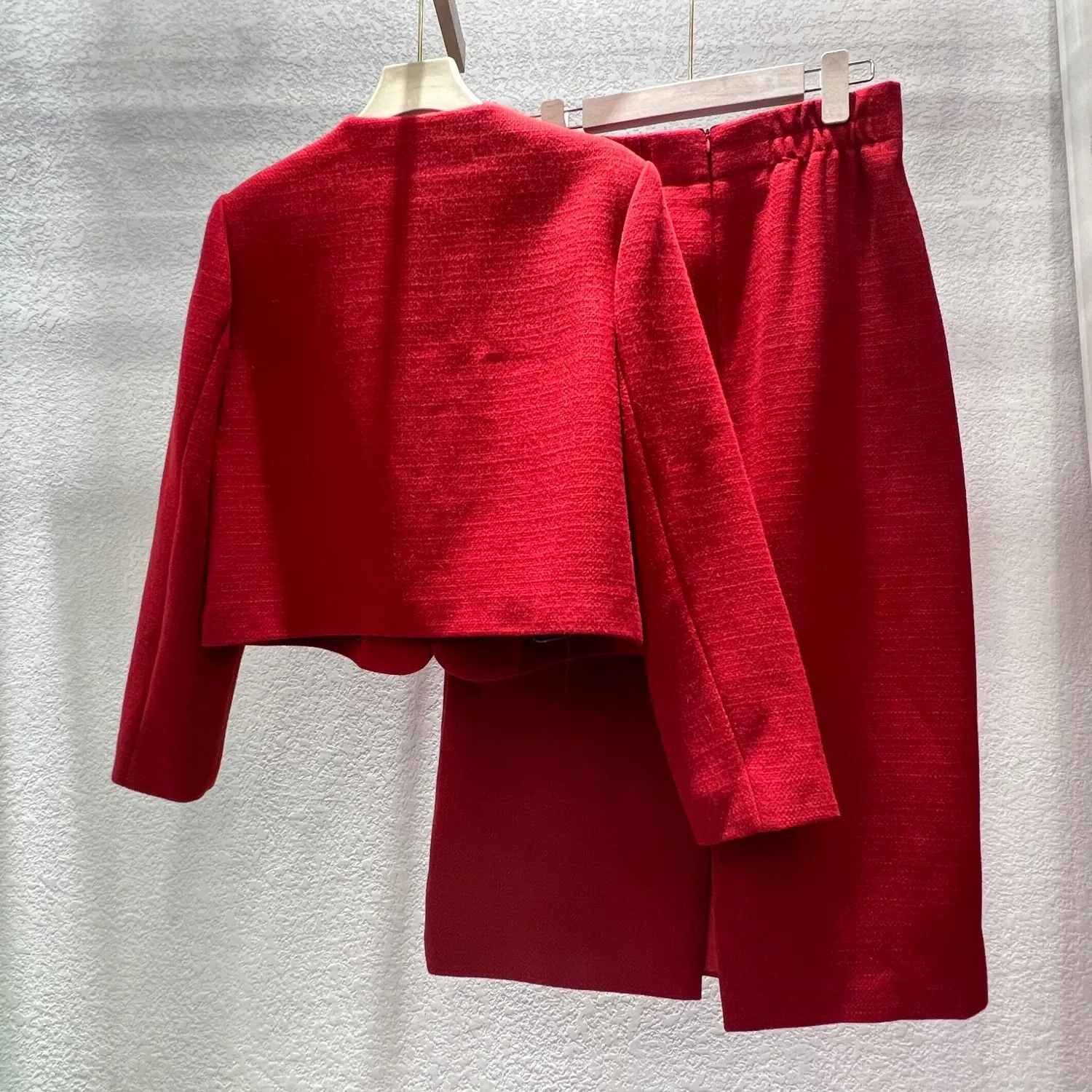 Wholesale Ladies Office Suits Red Business Suit Two Piece Tweed Blazer Skirts Dress for Women