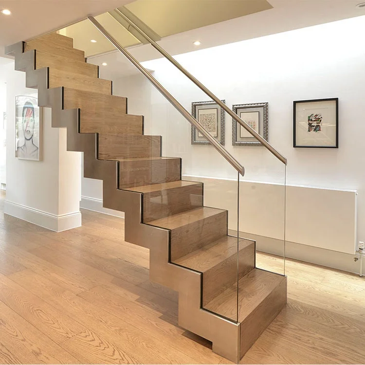 High Quality Zigzag Staircase with Tempered Glass Railing Design Indoor Stainless Double Stringers Stair