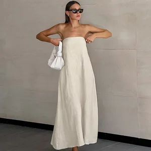 French Khaki Cotton Linen Strapless Vacation Style High Waisted Dress with Exposed Back 2025 Summer New Long Skirt for Women