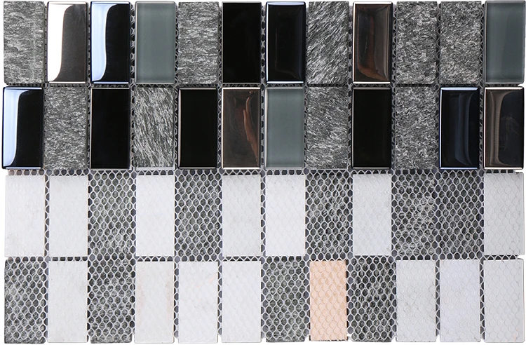 Low price azulejo mosaico rectangle grey black metal glass marble mosaics