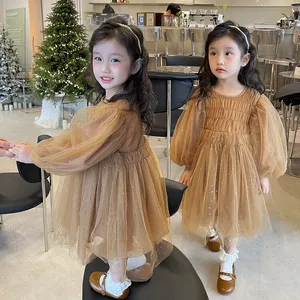 Korean-style Children's Wear Girls' Autumn Solid Cotton Dress Stitching Mesh Pengpeng Skirt Western Style Baby Princess Clothes
