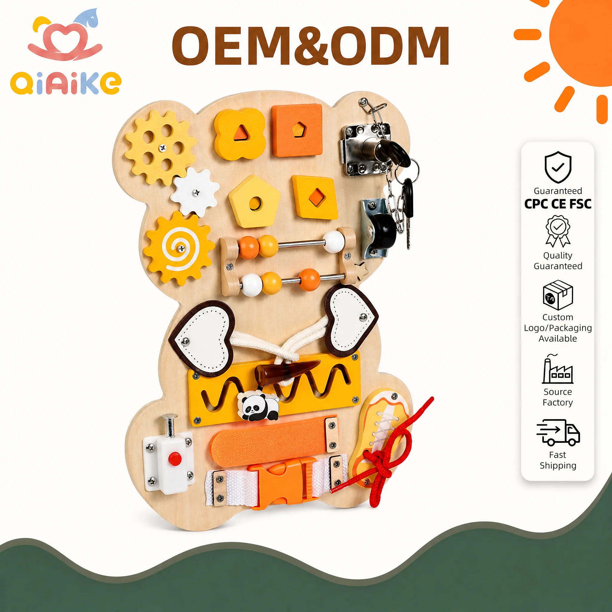 Wholesale Kids Fidget Wooden Busy Board Bear Sensory Activity Board Lock Gear Shoelace Montessori Educational Toy OEM ODM