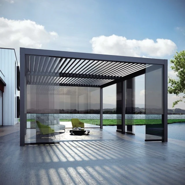 Adjustable louvered roof waterproof sun shade residence exterior motorized aluminum frame contemporary pergola