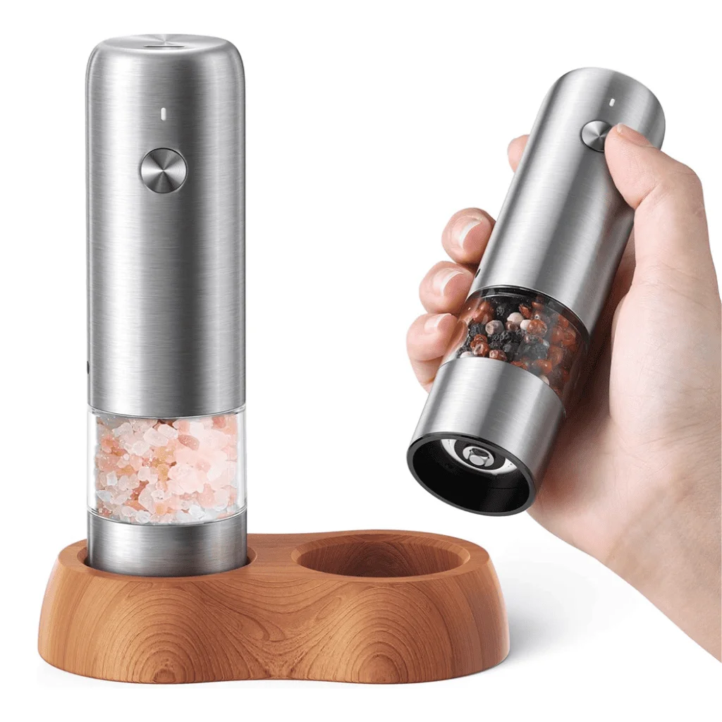 Minimalistisks mazs elektriskais sāls un piparu miltu malšanas aparātu komplekts, rokas lietošanai paredzēts rafinēts nerūsējošā tērauda piparu miltu malšanas aparāts ar stilīgu koka turētāju