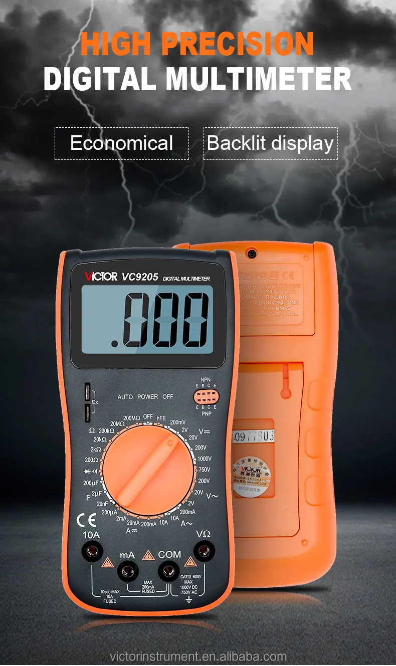 Victor Vc9205 Digital Multimeter Hfe Dc Ac Current Voltage Manual Range