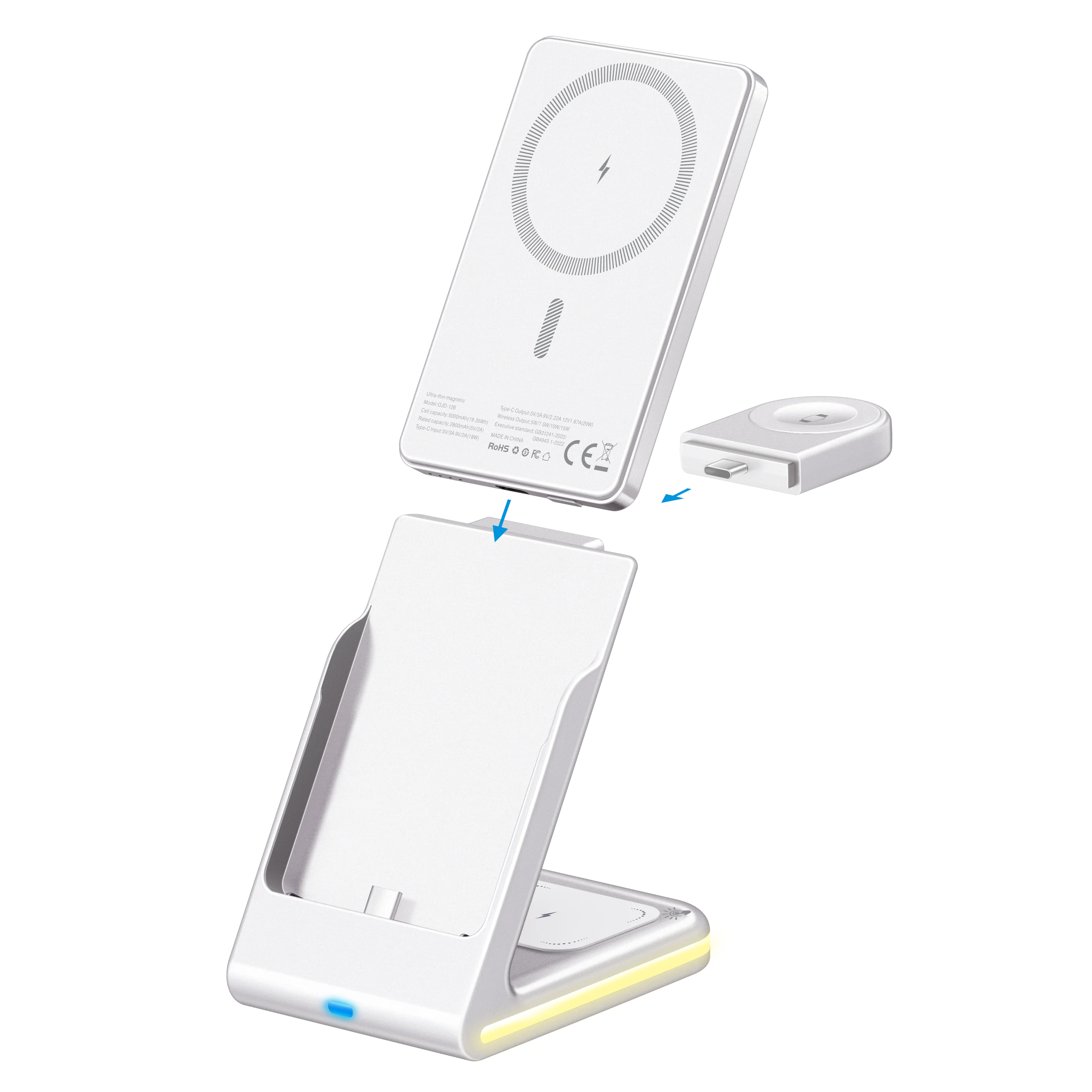 3 in 1 Magnetic Wireless Power Bank with Stand Detachable Portable Charger for Phone Watch Earphones