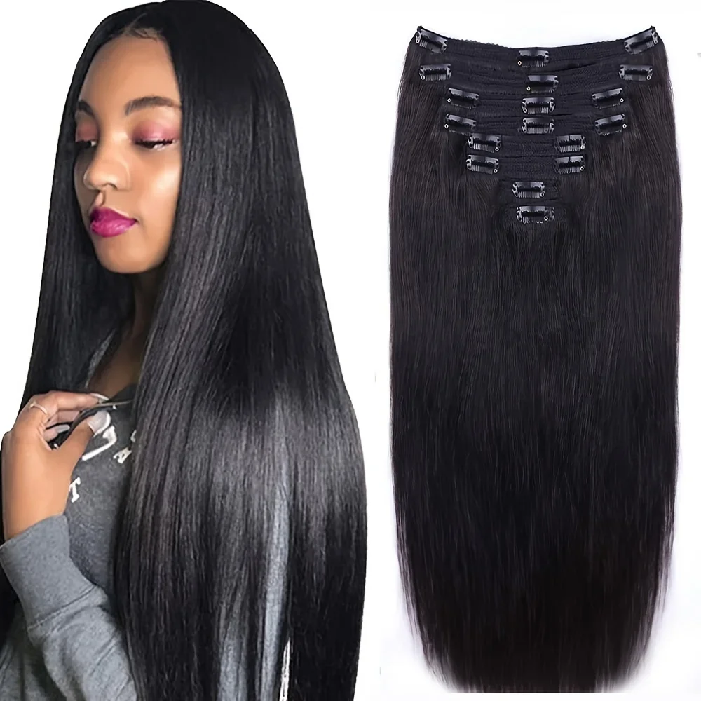 Extension per capelli umani con clip di colore naturale, 8 pezzi, brasiliani Remy, 18 clip per donne_voghion.com