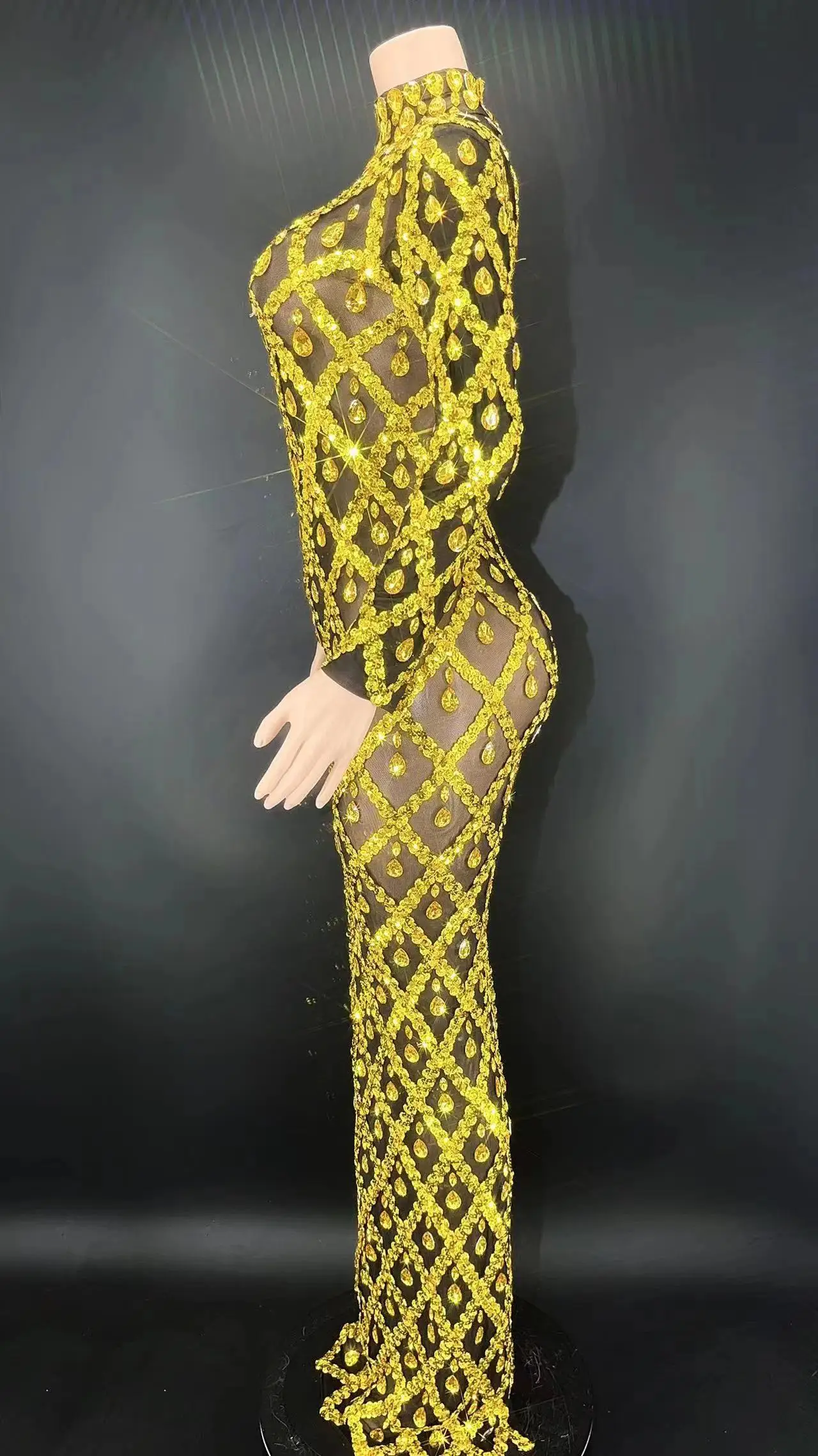 Luxury Stage Costume Party Cloth Diamond Sequin Yellow and Black Dress Mini  Slit Elegant Dress Evening Party Dress