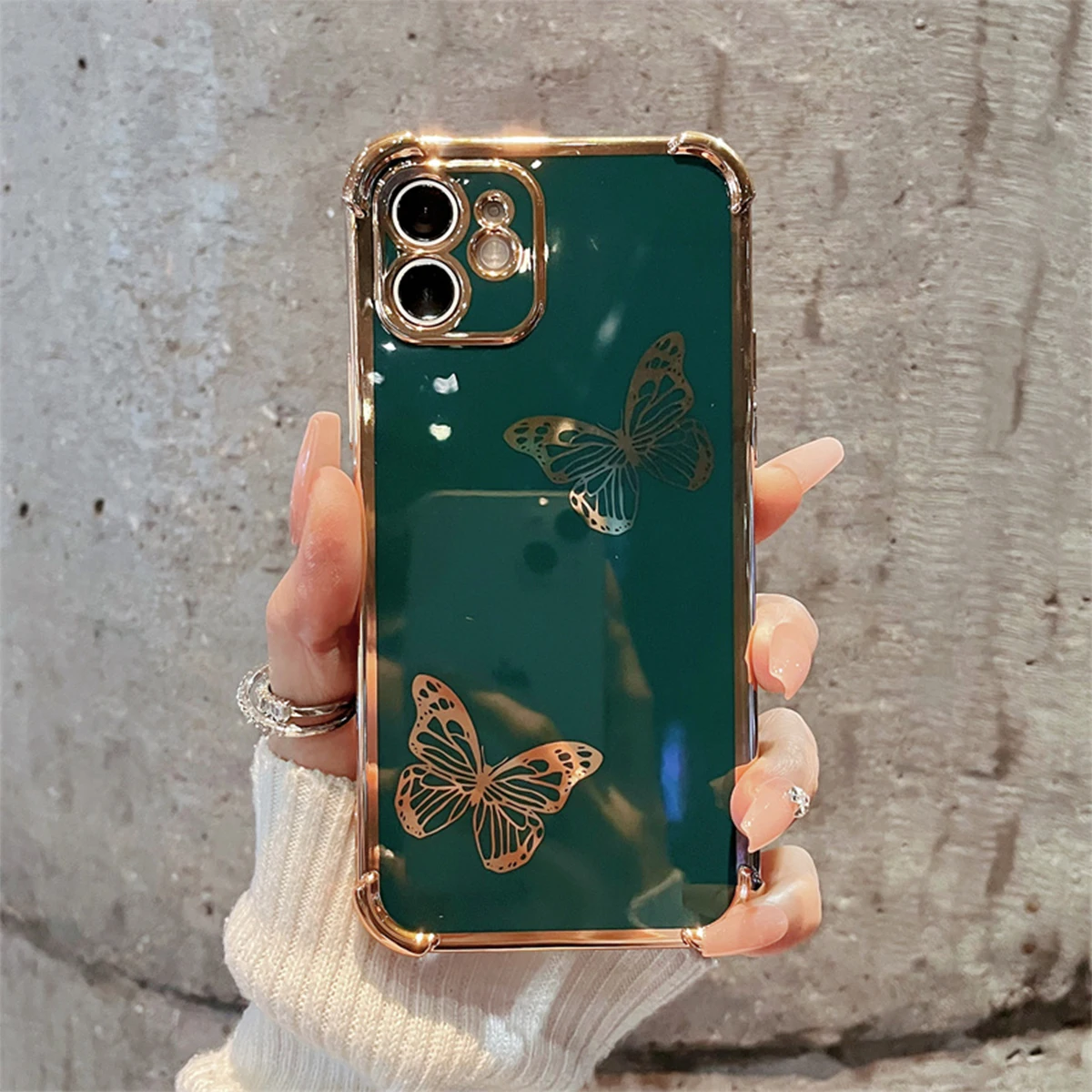 Butterfly mobile phone case Four-corner anti-drop electroplated TPU case in dark green for iPhone 12 HWC11