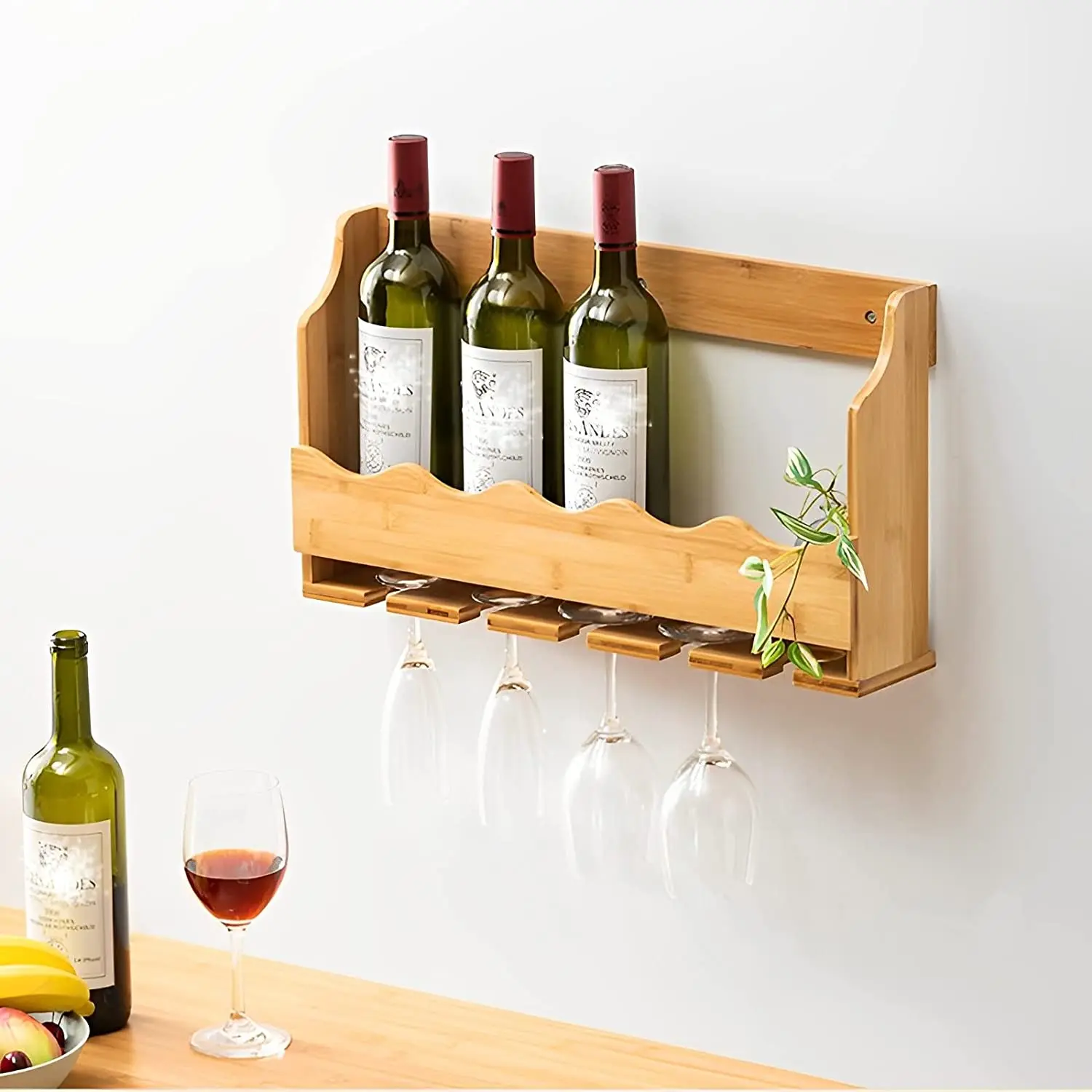 Wood Wine Bottles Holder Wall Mounted Bamboo Wine Rack with Hanging Stemware Glasses Set