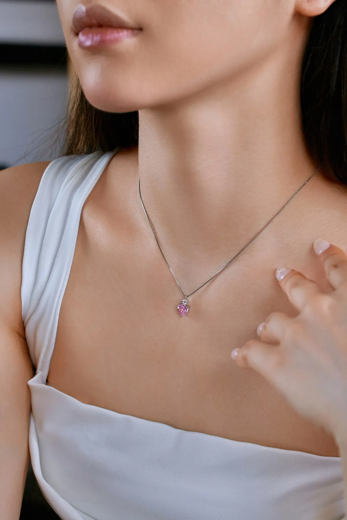 KAKODIY Matte 5A Cubic Zirconia Heart Shape Pendant Pink Stone Chain Necklace Forever Love Cubic Zirconia 925 Sterling Silver Necklace for Women detail 4
