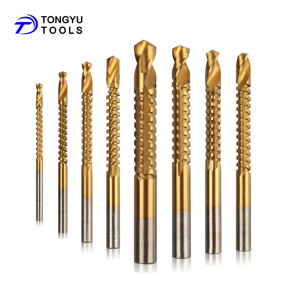 3-10mm Serrated Side Cutting Twist Bit TiN Coated, Drill Saw Bit for Wood Plastic Metal Hole Drilling Slotting Trimming Grooving