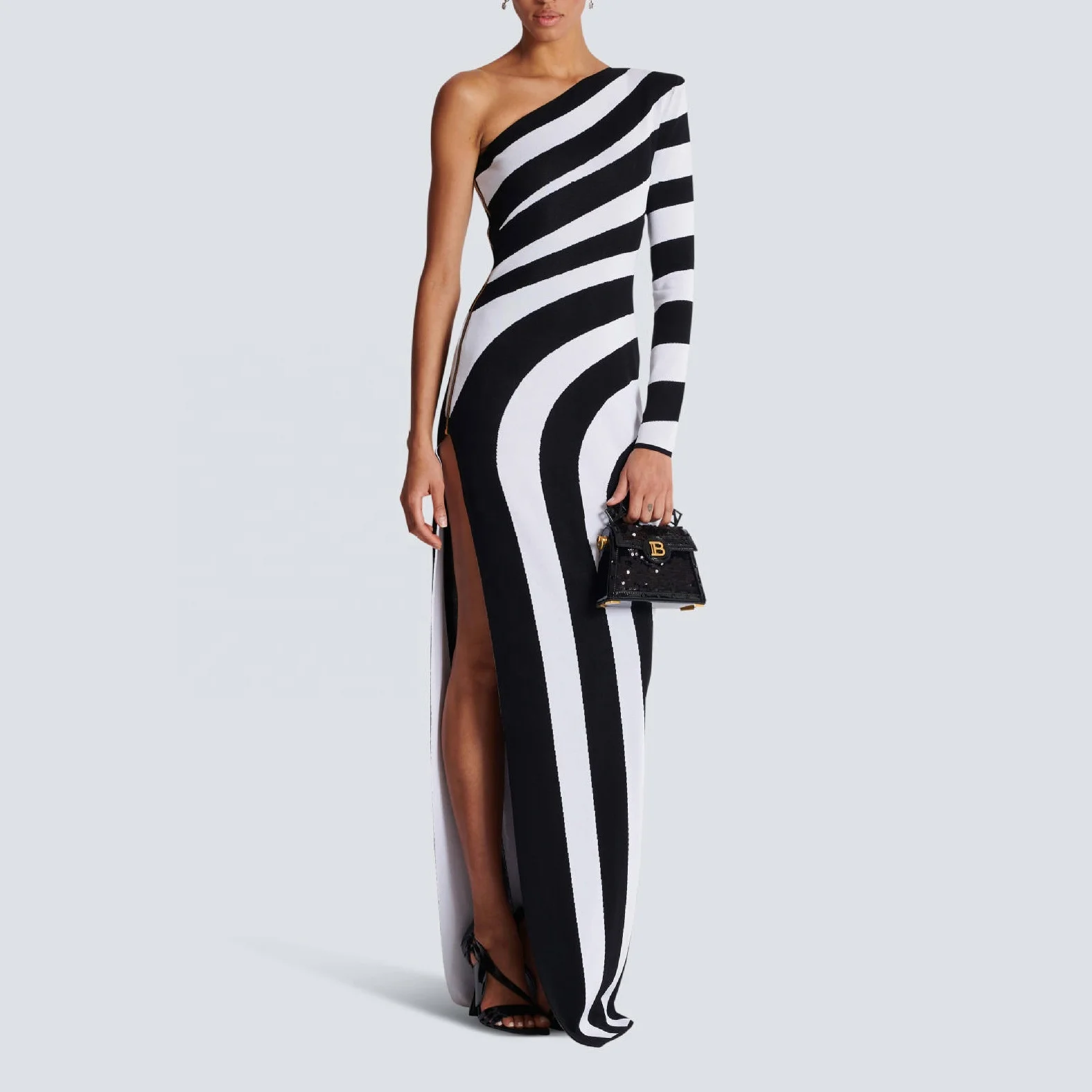 Women Celebrity Sexy One Shoulder Striped Jacquard Maxi Long Split Bodycon  Bandage Dress Elegant Evening Club Party Dress