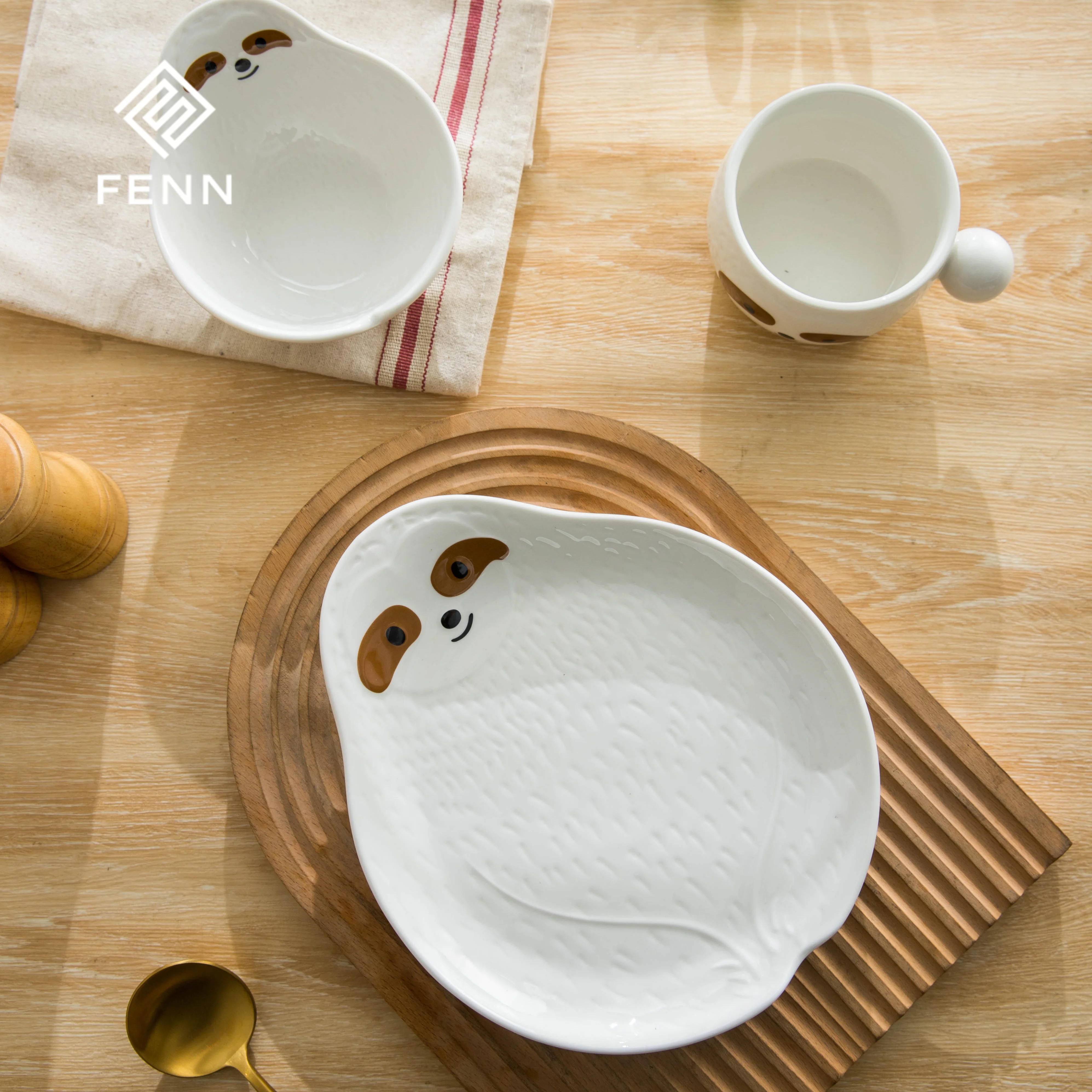 FENN Cartoon Ceramic Cute Dinnerware Animal Sloth Plate Breakfast Salad Fruit Bowl Creative Restaurant Aesthetic Dinner Plate