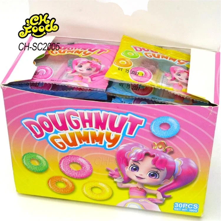 New Hot Wholesale Sour Colorful Mini Sugar Coated Doughnut Shape Gummy Jelly Candy Sweets OEM China Candy for Kids