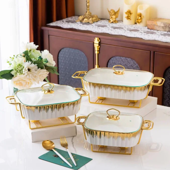 Luxury Food Warmer Set with Customized logo Machine Round Roll Top Ceramic Plates for Wedding