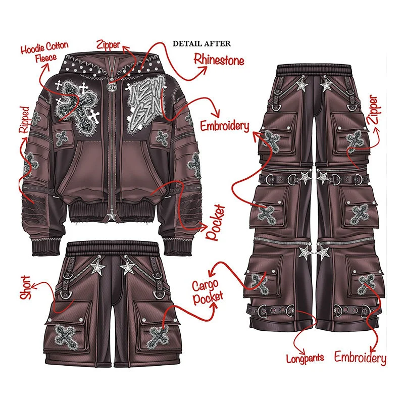OEM&ODM Manufacturer Custom Applique Distressed Embroidery Acid Wash Tracksuit Men Heavyweight Cotton Zip up Hoodie Set gallery 2
