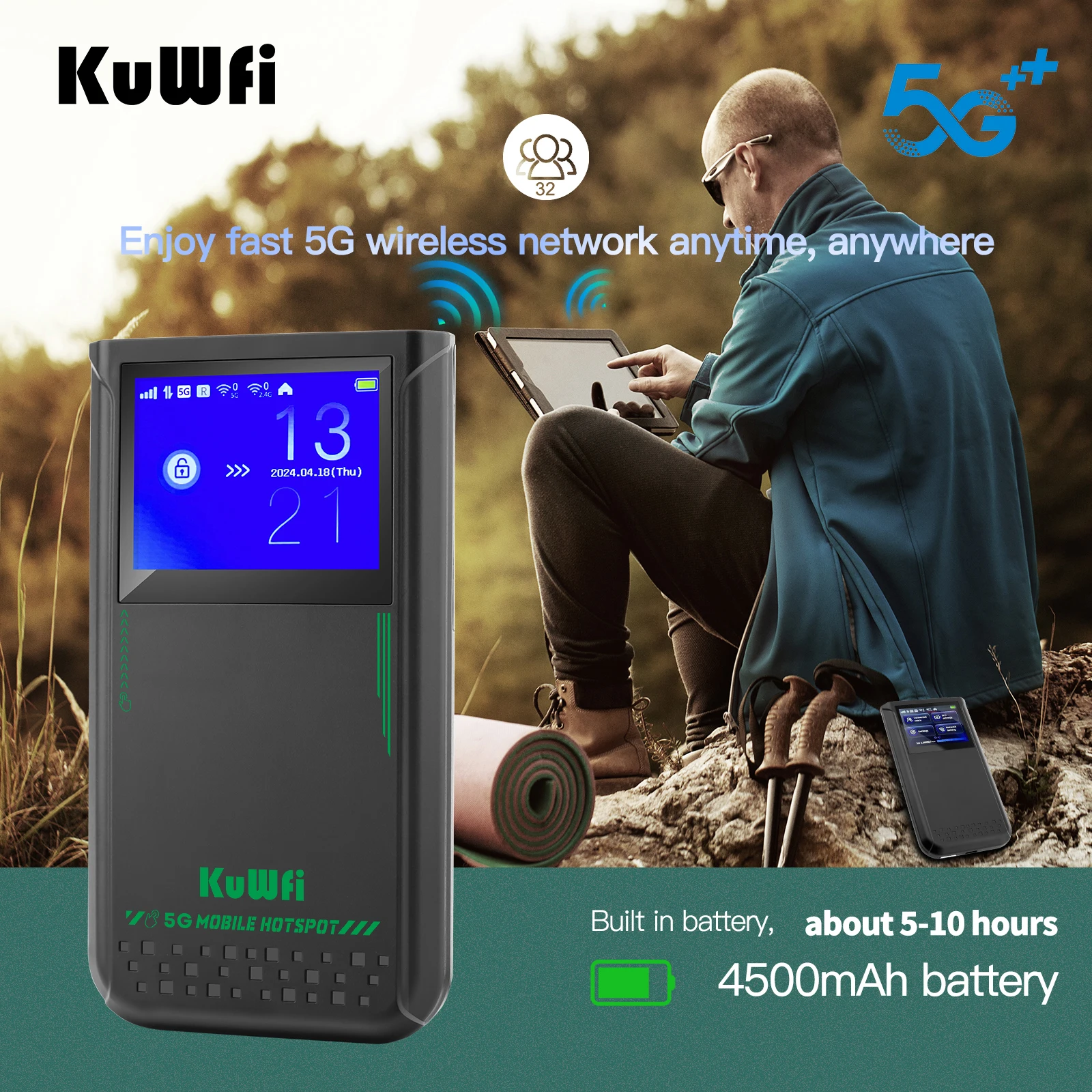 ESim KuWFi Touchable LCD Screen 5g Sim Card Router 4500mAh Battery Dual Band 3000Mbps Pocket Wifi Universal 5g Router