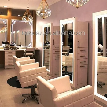 ミラーテーブルと理髪店の椅子美容院用家具LEDライト付きミラー