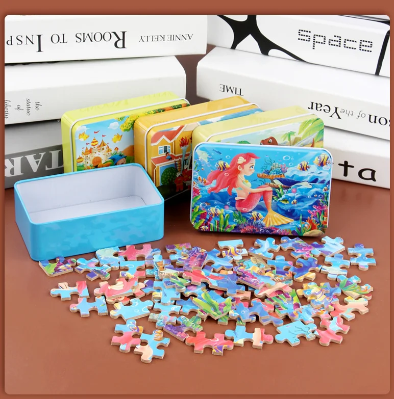 High quality 60 Pieces Tin Box Wooden Kids Puzzle Animal Dinosaur Mermaid Jigsaw Puzzle Wooden Toys Early Educational Toy