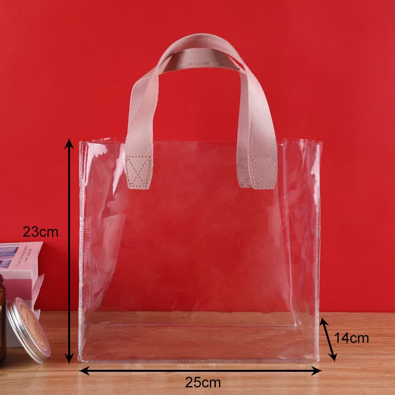 HANSUN Reusable Custom Logo PVC Tote Bags Transparent Waterproof Clear  Plastic Shopping Bag with Letter Pattern for Gifts