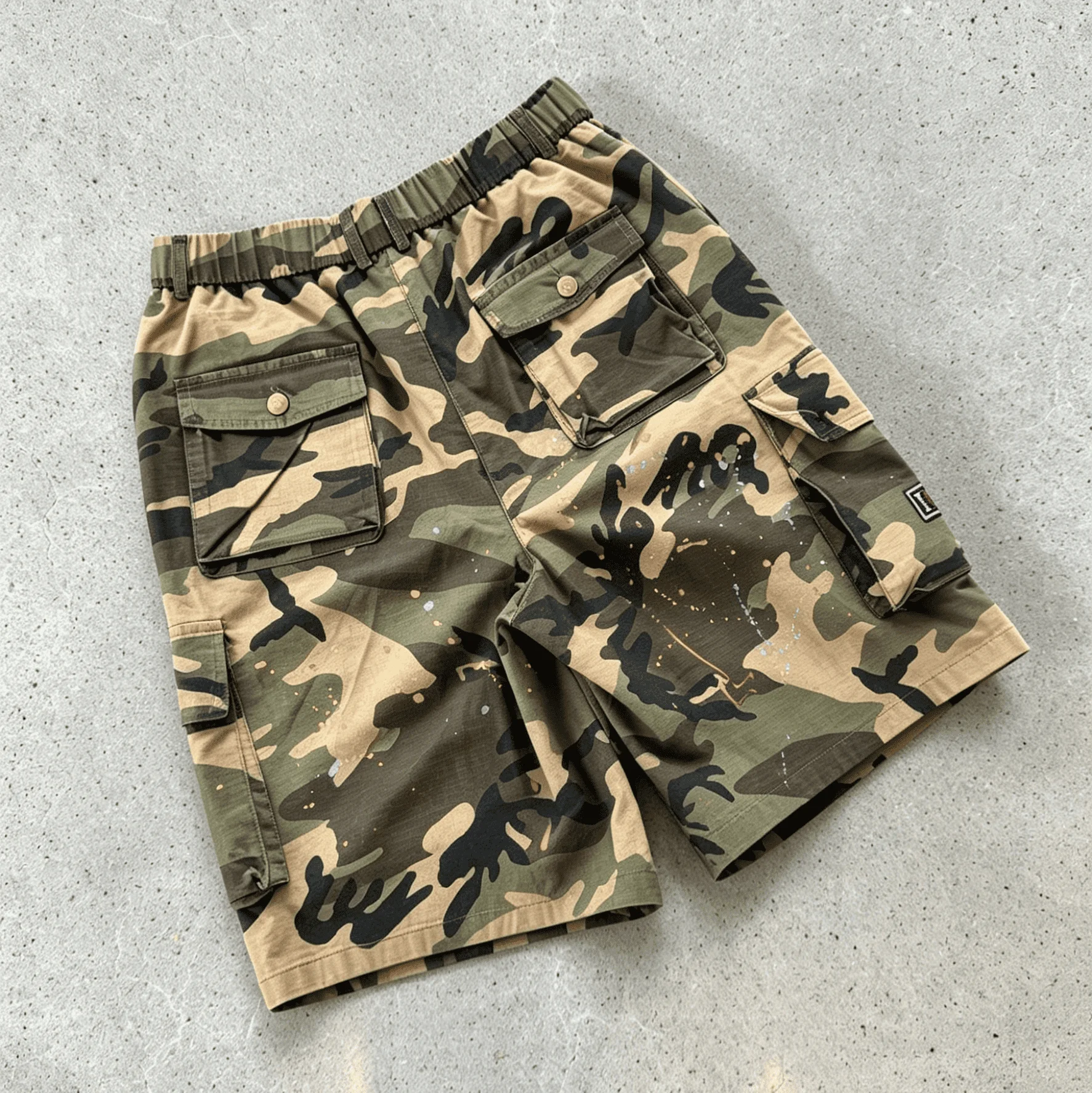Custom Elastic Waist Paint Splatter Camouflage Tactical Multi Pocket Cotton Twill Streetwear Camo Cargo Shorts Men gallery 2